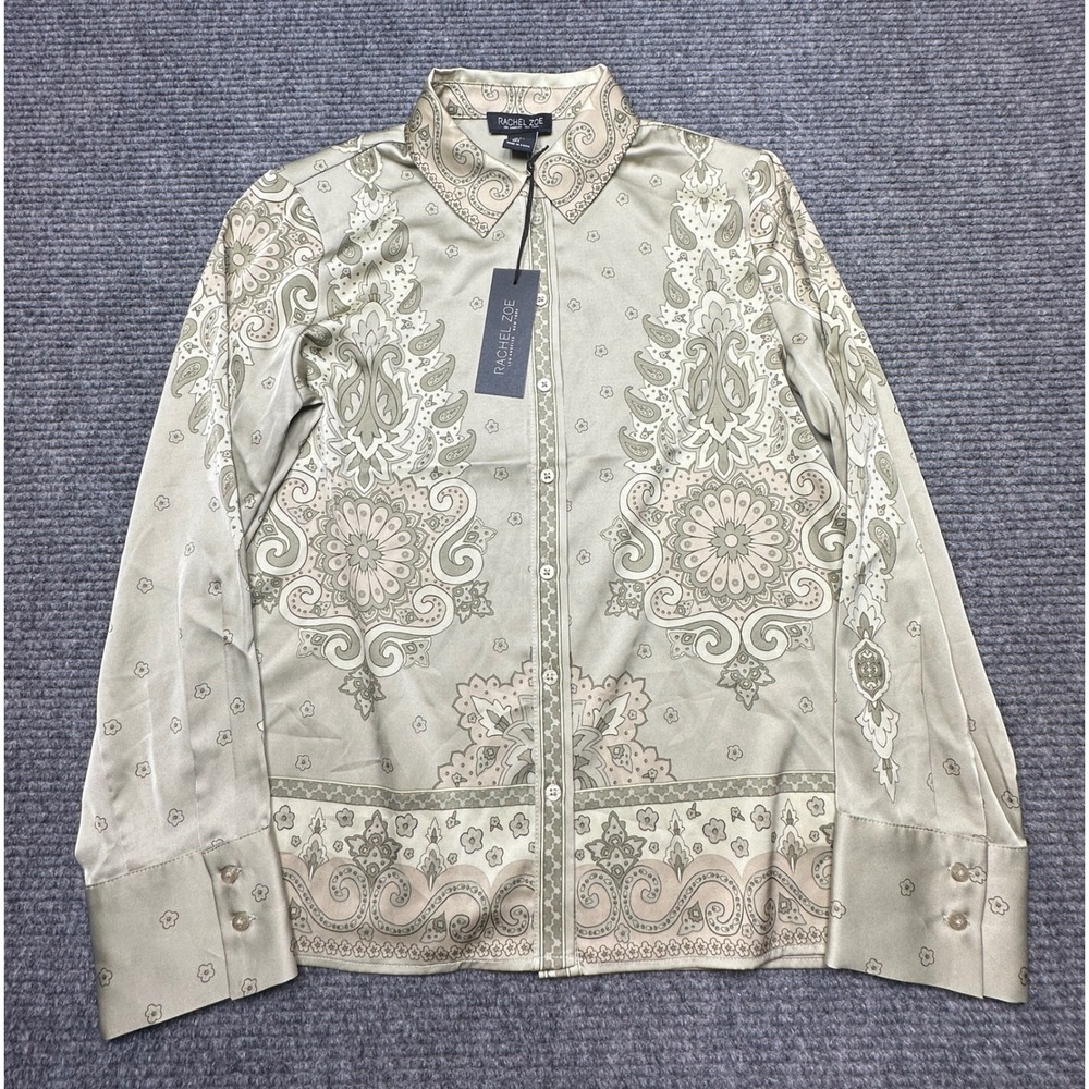 Rachel Zoe Button Down Shirt Women S Sage Green Paisley Satin Long Sleeve